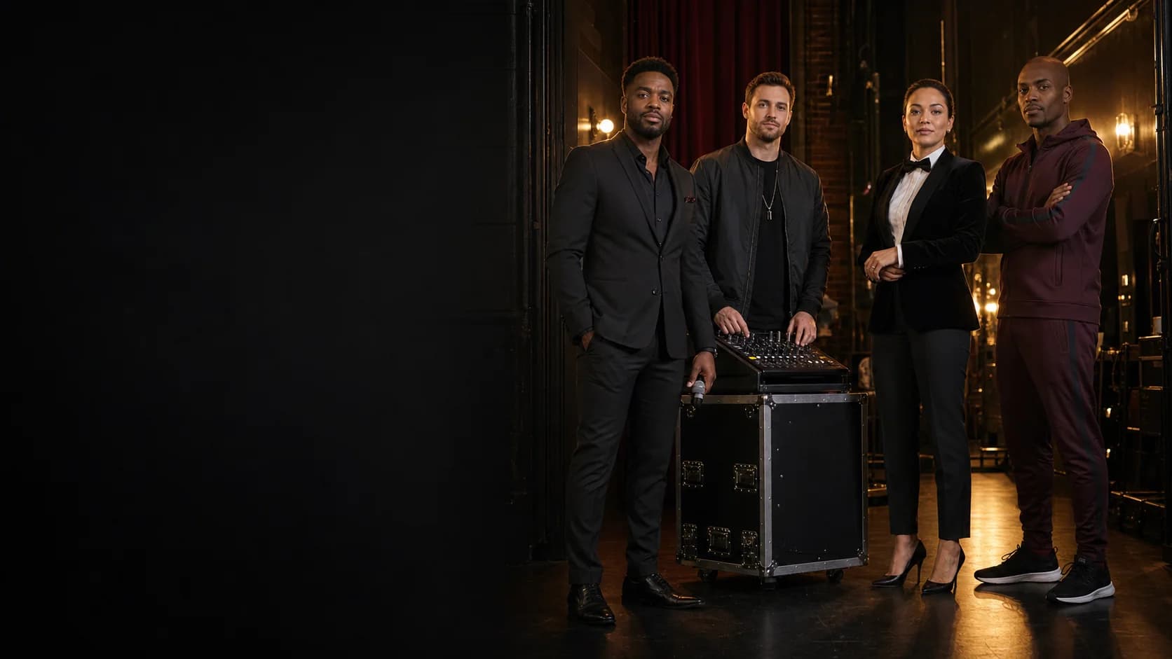 Equipo profesional de talento y producción reunido tras bambalinas